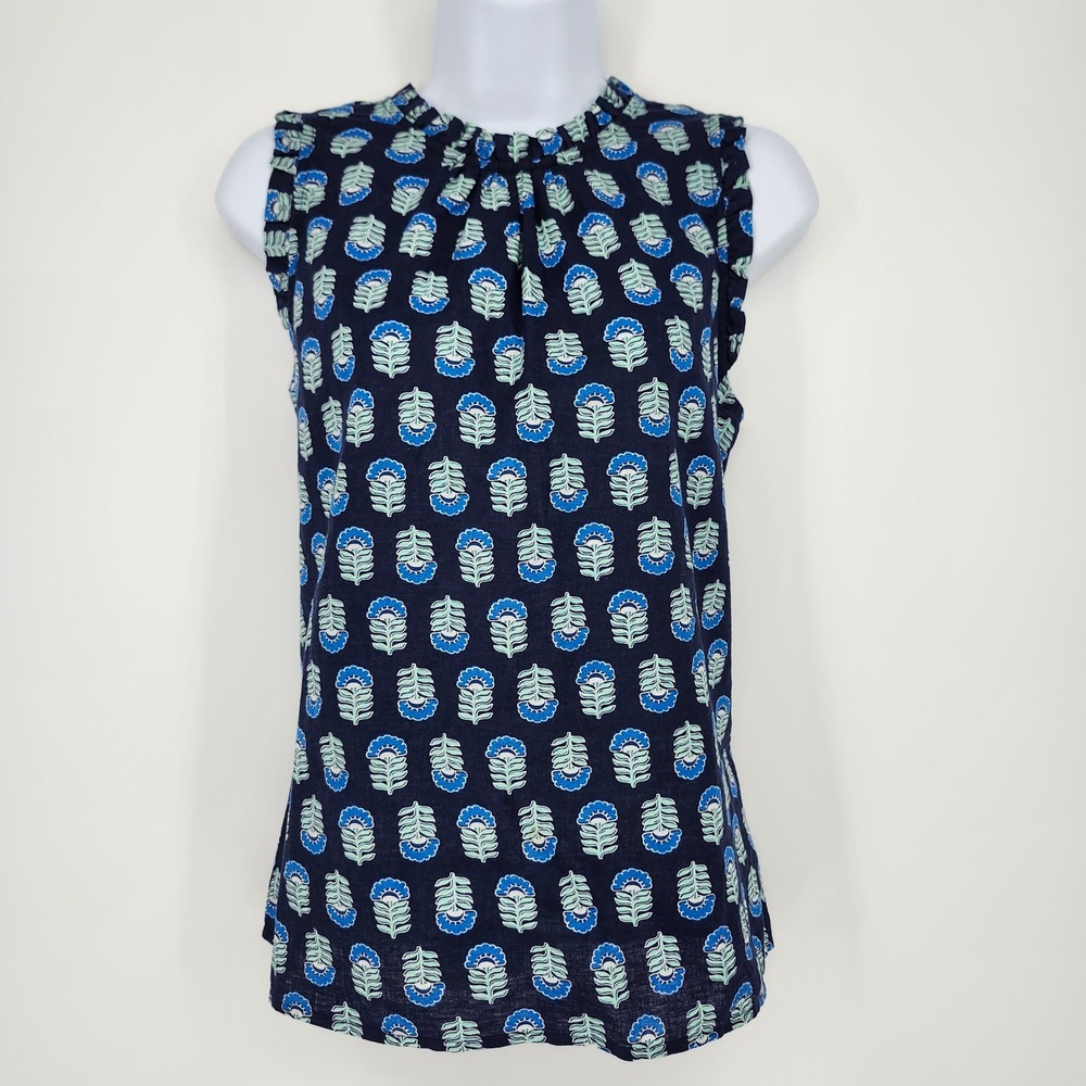 J. Crew Blue Floral Ruffle Neck Linen Blend Top Women Small Preppy Resort Summer